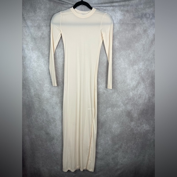 CHAM Long Bodycon Semi Sheer Long Sleeve Dress In Baby Beige Women's Size X - Picture 4 of 13